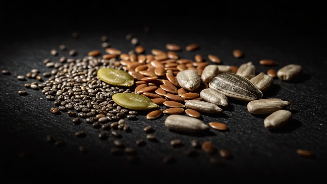 An Array of Nutrient-Rich Seeds Displayed Creatively on a Dark Surface, Highlighting Their Texture and Variety Perfect for Healthy Snacking and Culinary Uses