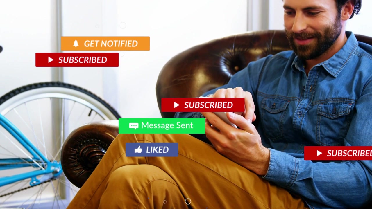 Adult man tapping smartphone in brown armchair, sparking floating badges for marketing growth
