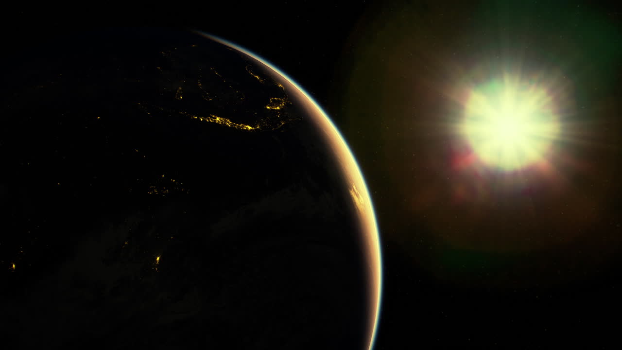 View of earth from space during sunrise over the horizon with a shining star