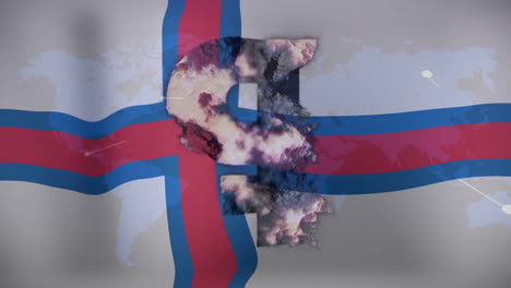 faroe islands flag with world map and currency symbol animation