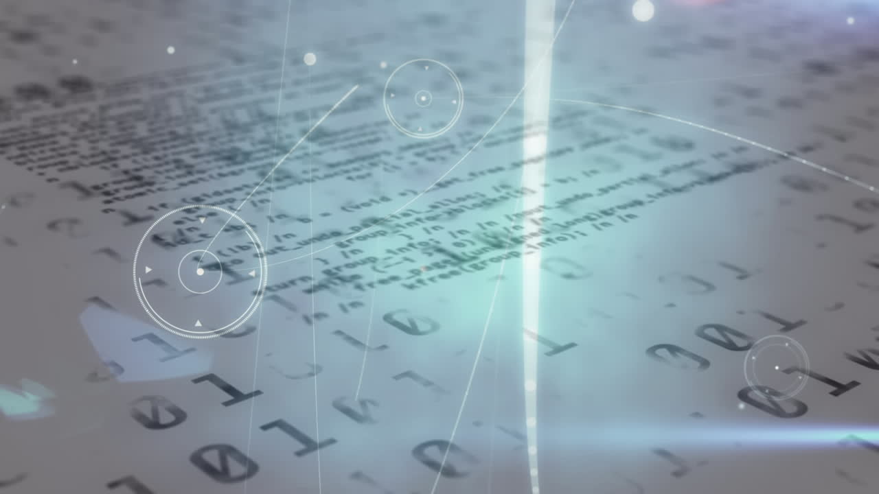 빛나는 연결 네트워크를 통해 바이너리 코딩과 데이터 처리의 애니메이션