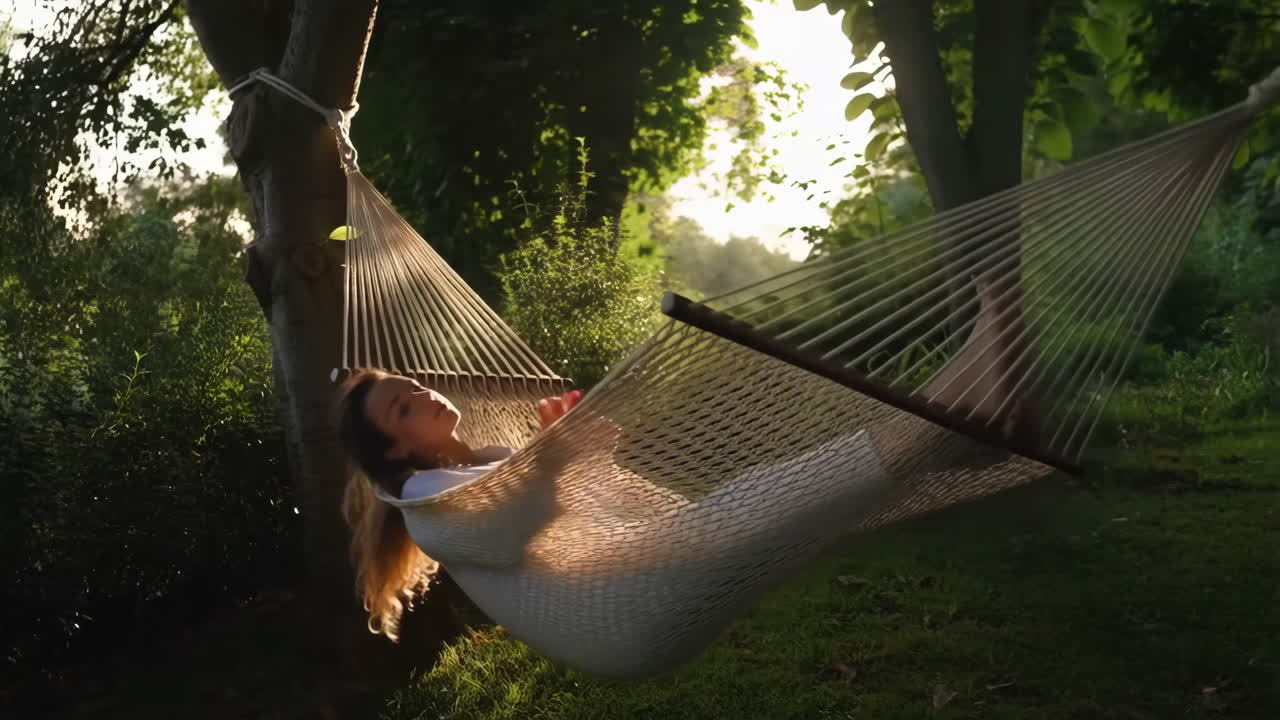 Woman relaxing in a hammock outdoors during sunset