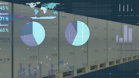 animation of statistics and data processing over cardboard boxes on conveyor belts in warehouse