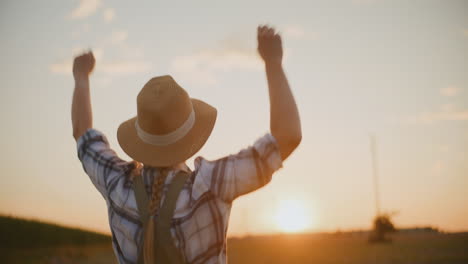 feliz granjero celebrando la puesta de sol en el campo