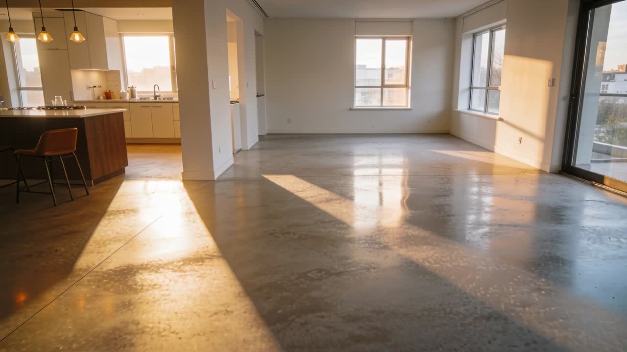Câmera em movimento panorâmico mostrando um raio de sol movendo-se pelo chão polido na sala de estar, destacando a luz.
