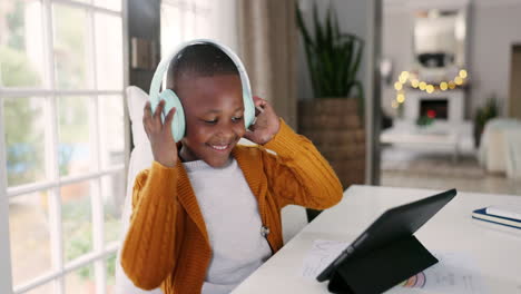 headphones, tablet and boy child dancing to music