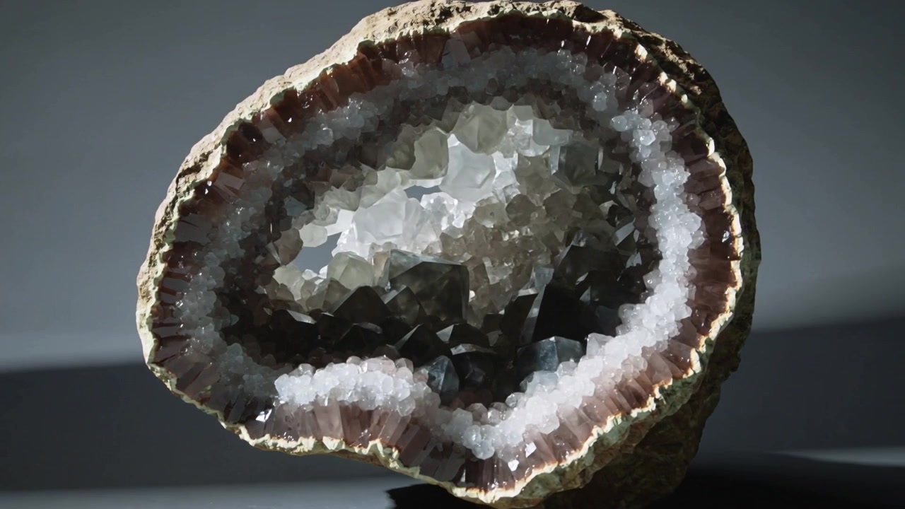 Câmera giratória mostrando geodo cortado ao meio revelando cristais internos em uma mesa escura, com um reflexo de arco-íris.