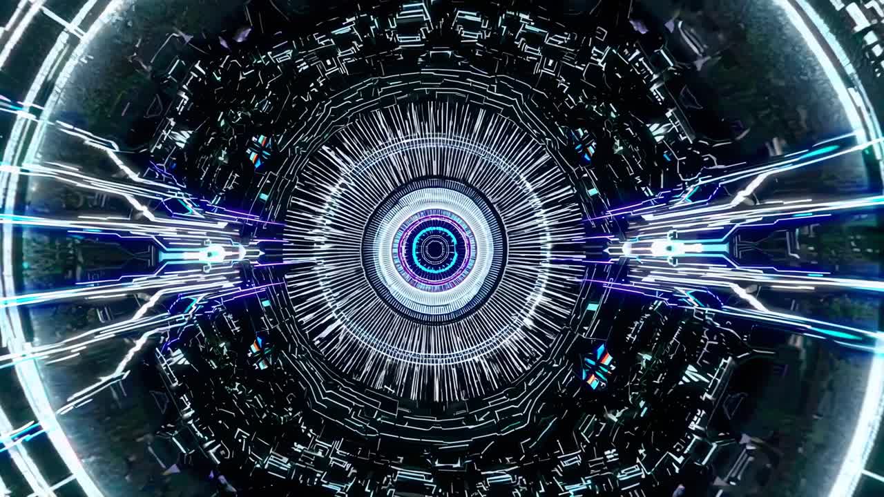 Concept video futuristico con un design digitale a forma di occhio. Lo stile è cibernetico con un focus centrale