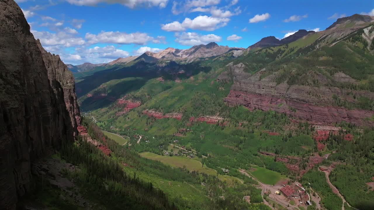 Stunning summer Telluride Colorado Box Canyon Black Bear Pass Road Bridal Veil Falls aerial drone Ouray Ridgway Yankee Boy Basin 4wd hiking bluesky cliffside valley Aspen Forest cloud circle left