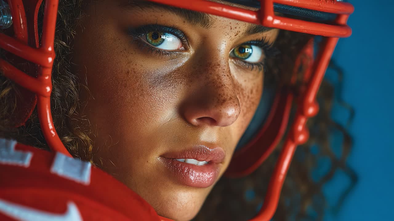 Intense Close-Up of a Female Athlete Wearing a Football Helmet, Capturing Her Determination and Focus with Striking Freckles and Mesmerizing Eyes