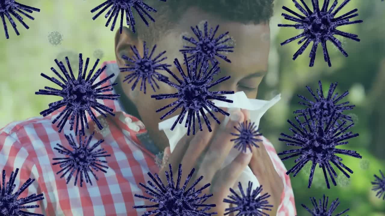 Animation of virus cell over sick african american man having running nose