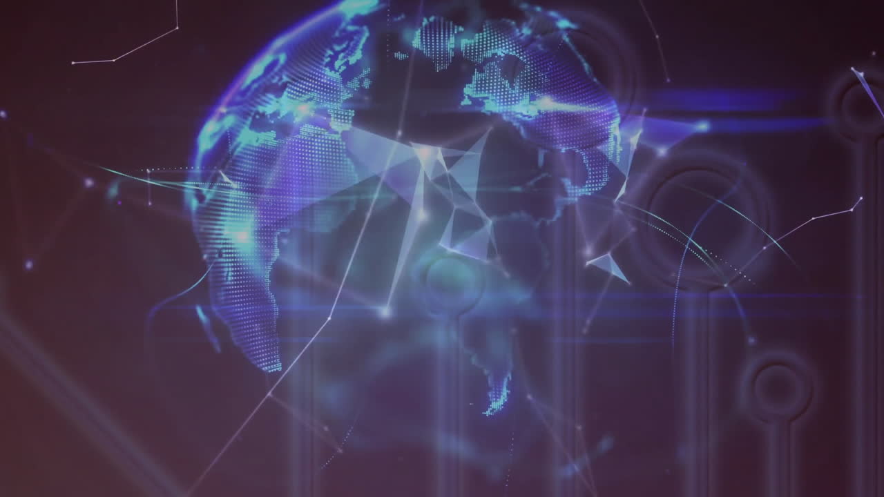 Glowing digital globe with network connections and geometric shapes animation