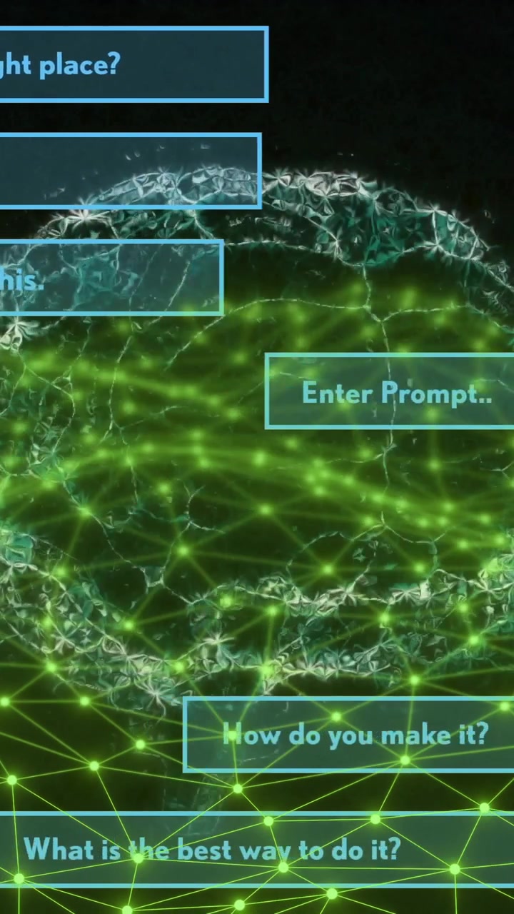 Digital prompts and questions floating over green network and sphere animation