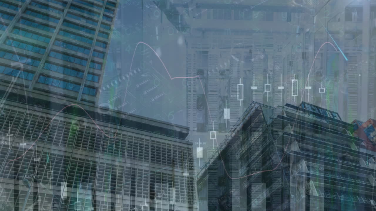도시 풍경 위의 금융 데이터 처리 애니메이션