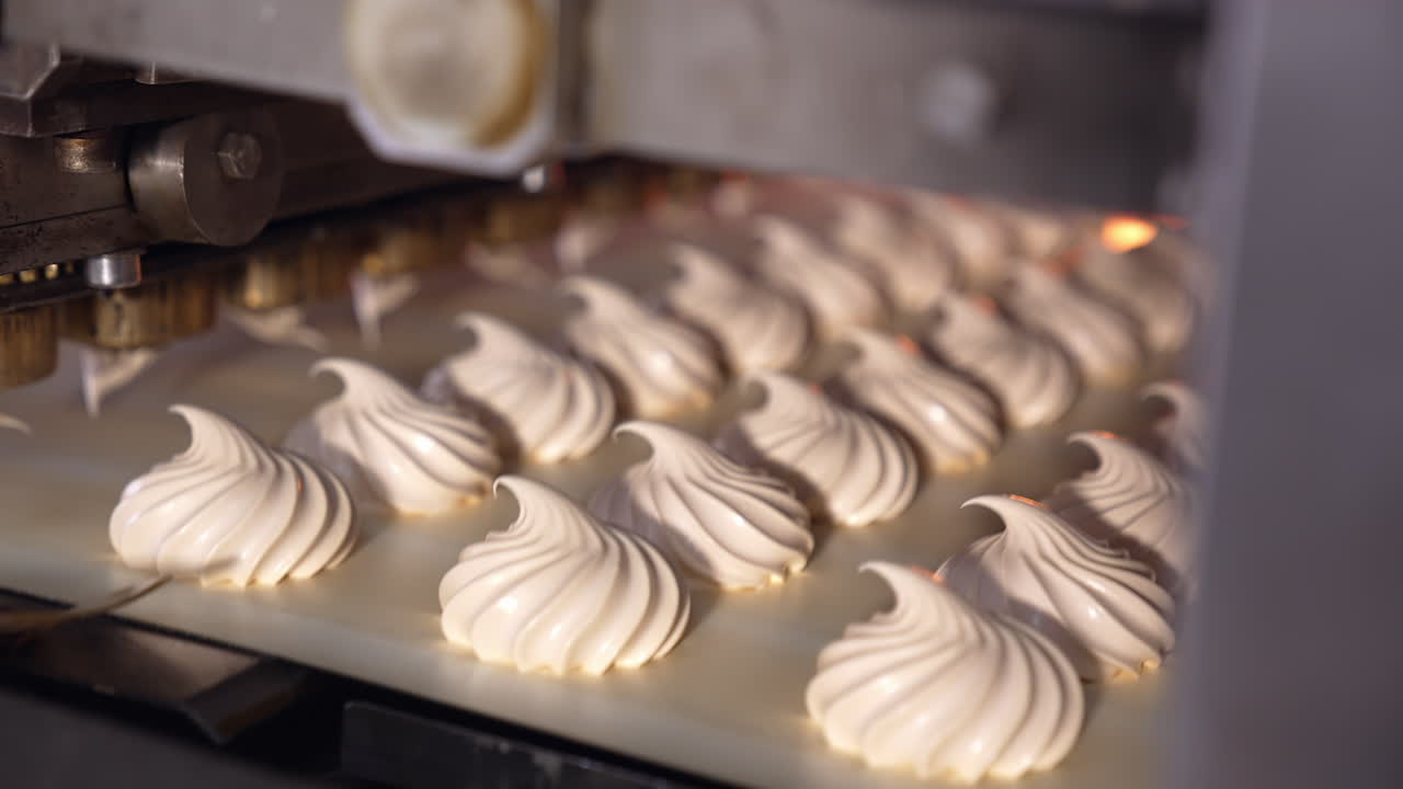 Confectionery industrial production. Marshmallow making factory conveyor.