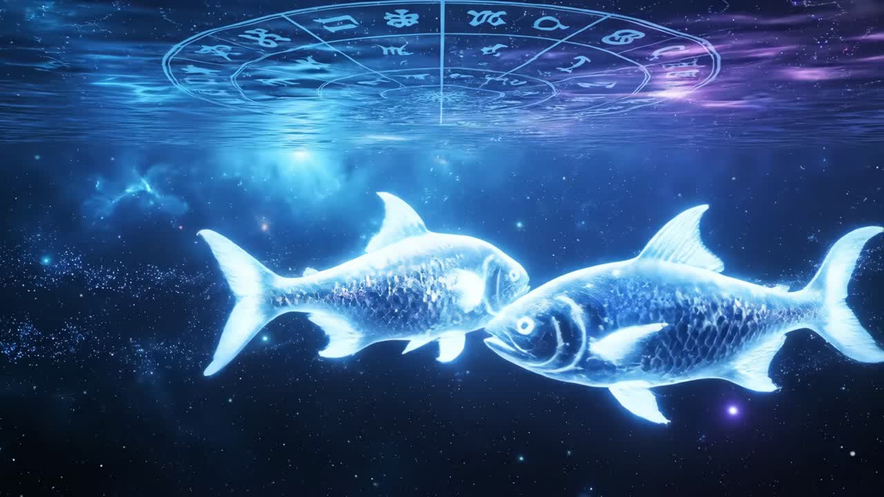 Ethereal illustration of two glowing fish swimming in cosmic water, surrounded by a starry sky and astrological symbols, representing the mystical connection of the zodiac sign Pisces