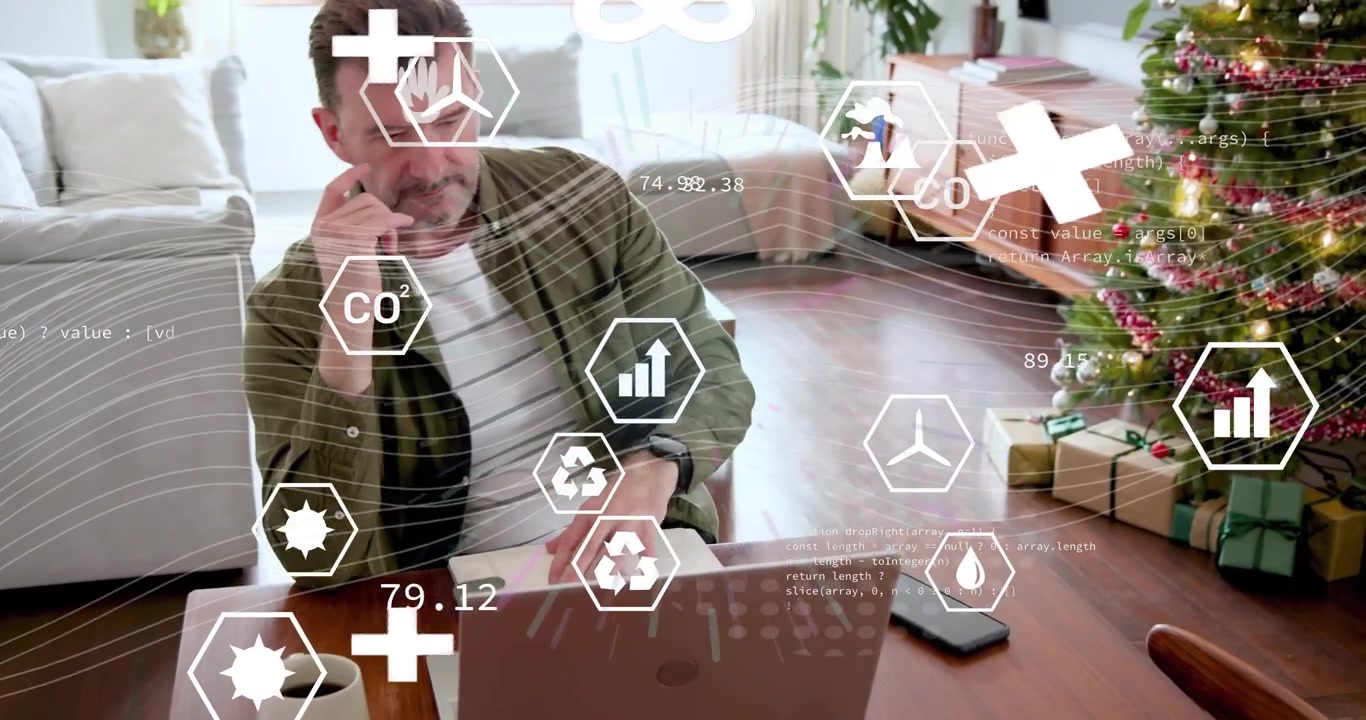Homem maduro digitando e escrevendo enquanto gráficos HUD aparecem após alerta, mostrando CO2 na sala de estar.