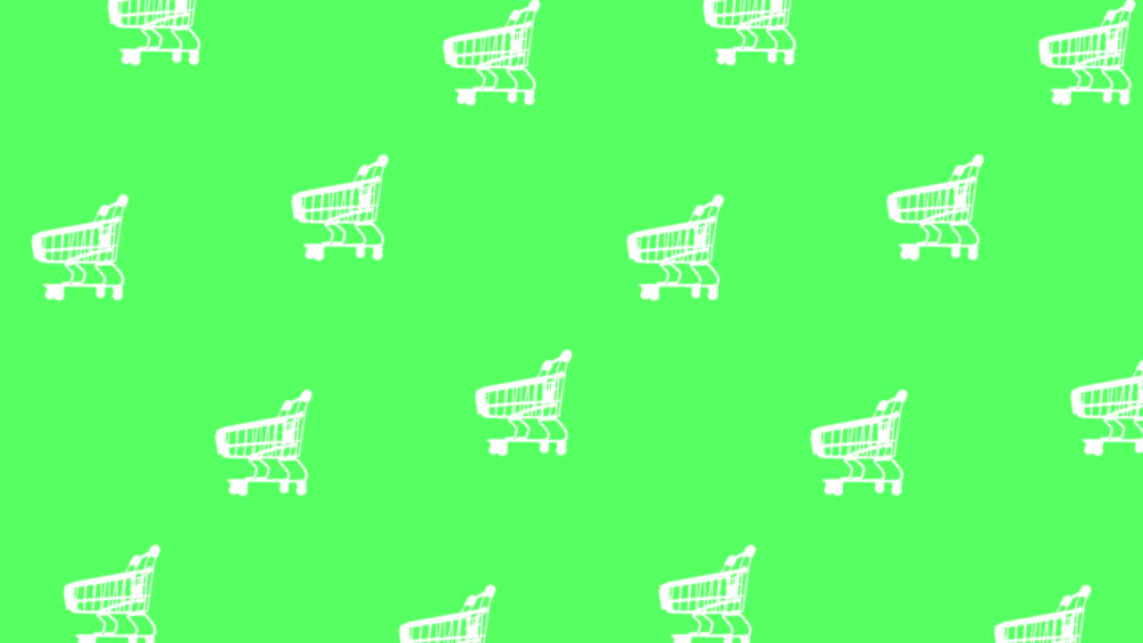 animación de patrón de bucle sin costuras con muchos carros de compras blancos vacíos en fondo de clave de croma verde. viernes negro y concepto de publicidad, espacio de copia