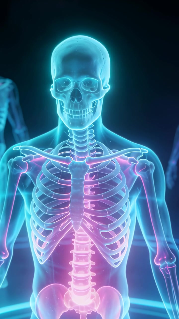 Video verticale: Scheletro pulsante che emette luce al neon lungo la colonna vertebrale in un display olografico per lo studio del bacino