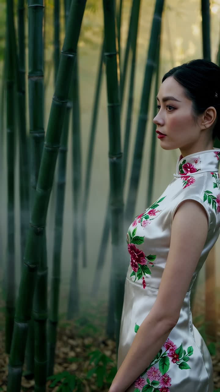 Woman in a Floral Cheongsam in a Bamboo Forest