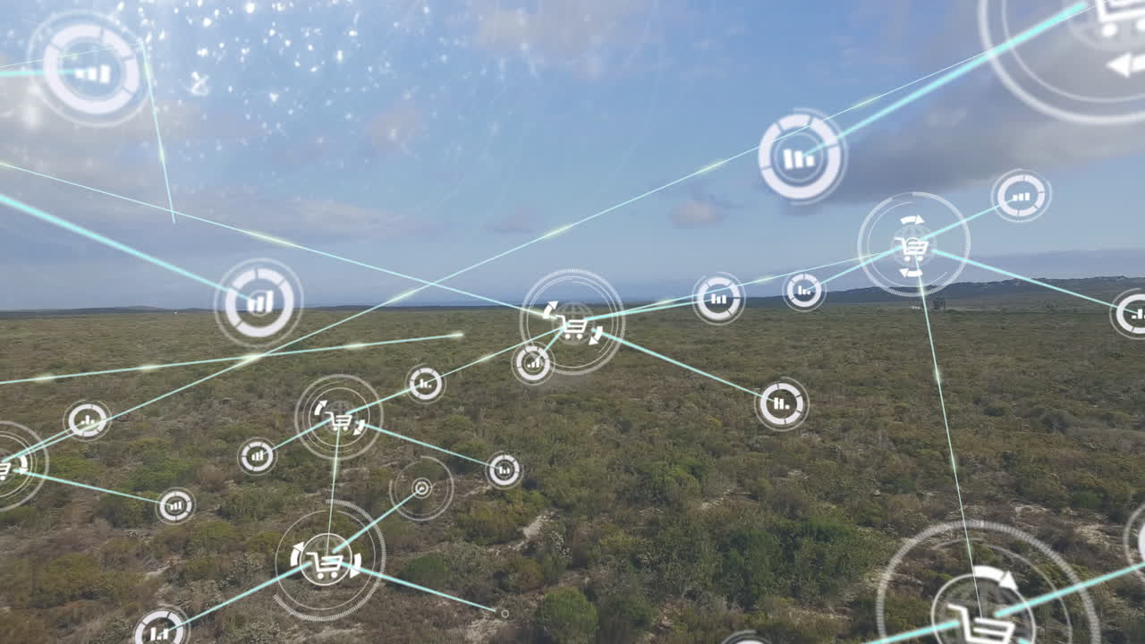 Data processing animation over landscape with network of connections visualized