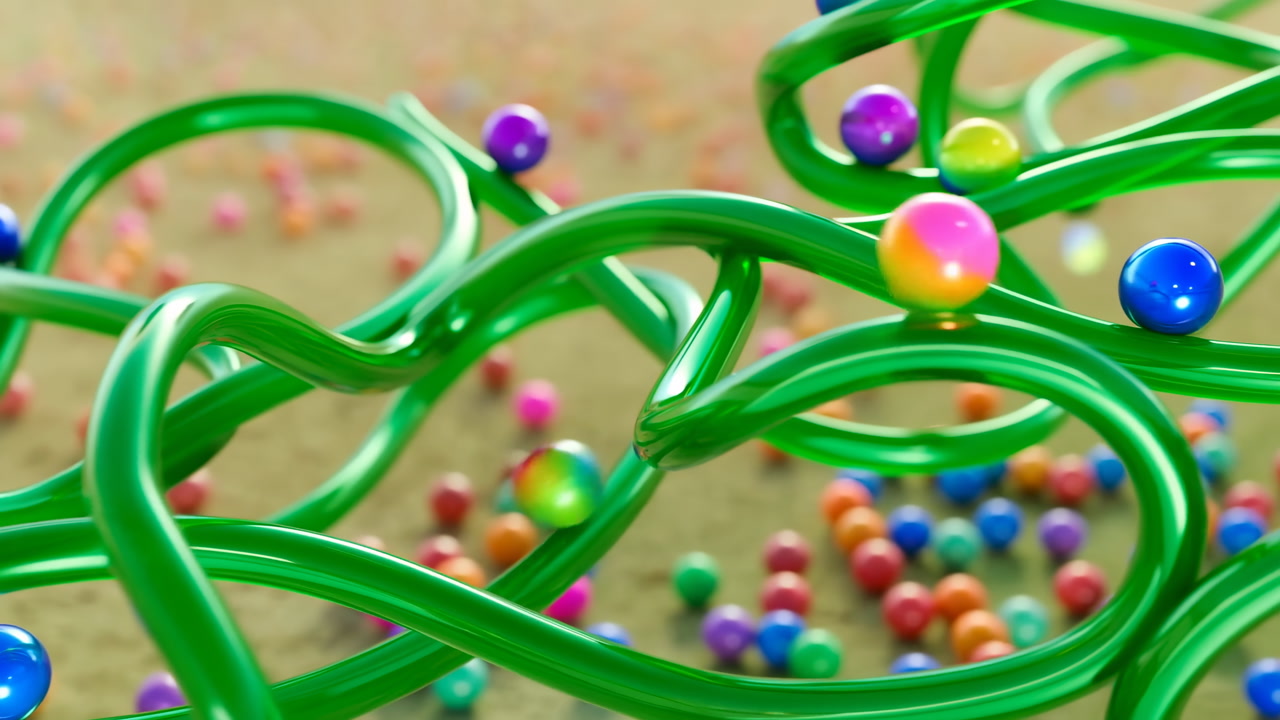Green Tubular Vines With Marbles Sweeping Across Sandy Backdrop, Glossy Green Tubes Weave And Twist