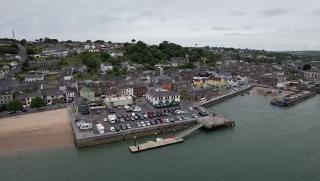 Youghal-seaside-resort-town-in-County-Cork,-Ireland-panning-drone-aerial-view
