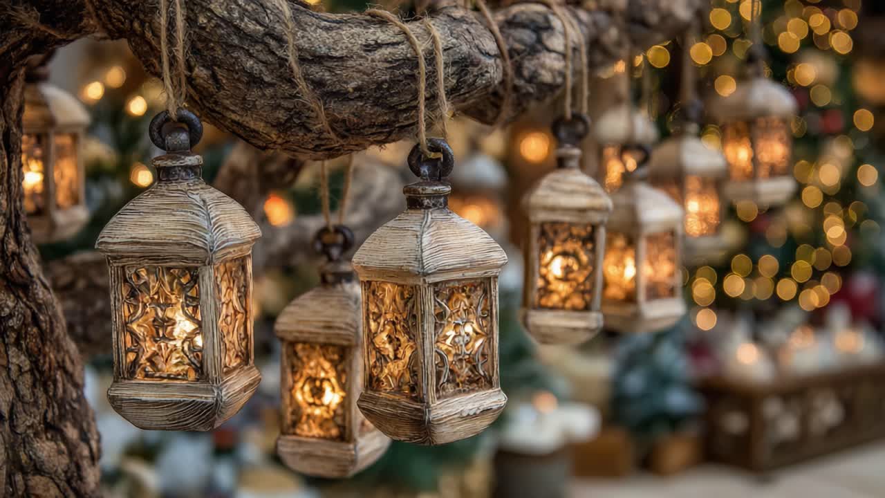 A Beautiful Display of Rustic Lanterns Hanging from a Twisted Tree Branch, Illuminated by Warm Glow in a Festive Background with Subtle Bokeh Effects
