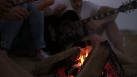 Nahaufnahme-Von-Würstchen,-Die-Am-Strandfeuer-Gegrillt-Werden.-Gruppe-Junger-Und-Fröhlicher-Menschen,-Die-Am-Feuer-Am-Strand-Sitzen