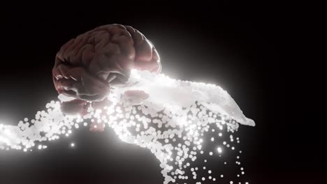 human brain with glowing white energy waves on dark background. 3d render of anatomical model and neural stream. artificial intelligence and neuroscience concept. design for poster, wallpaper.
