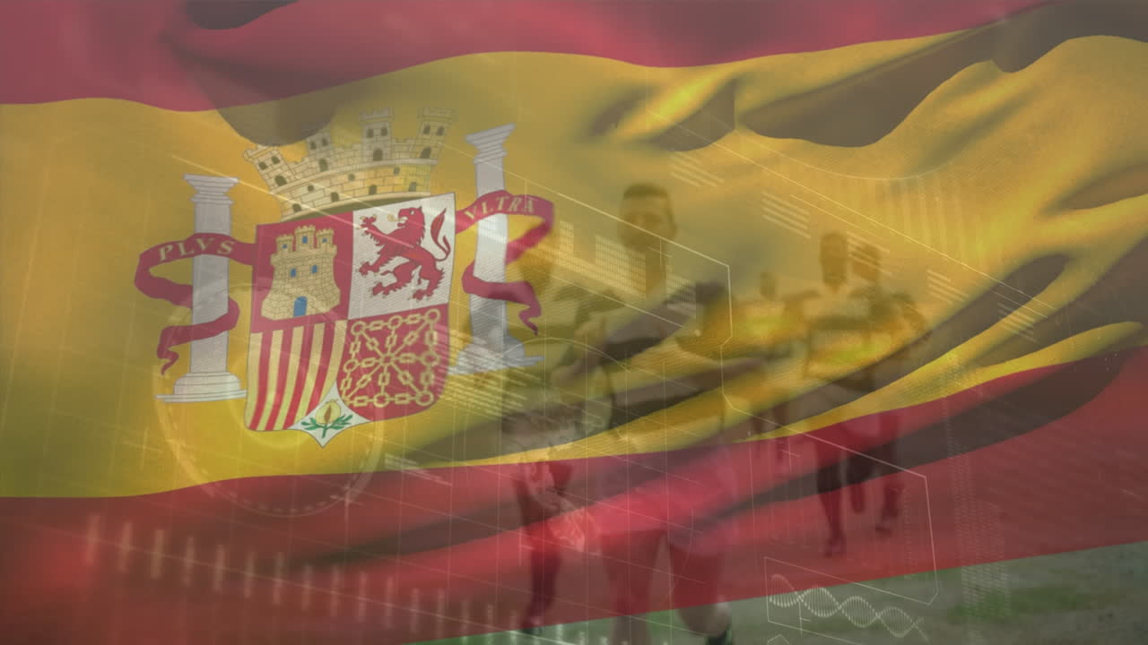 animación de la bandera de españa ondeando sobre los jugadores de rugby