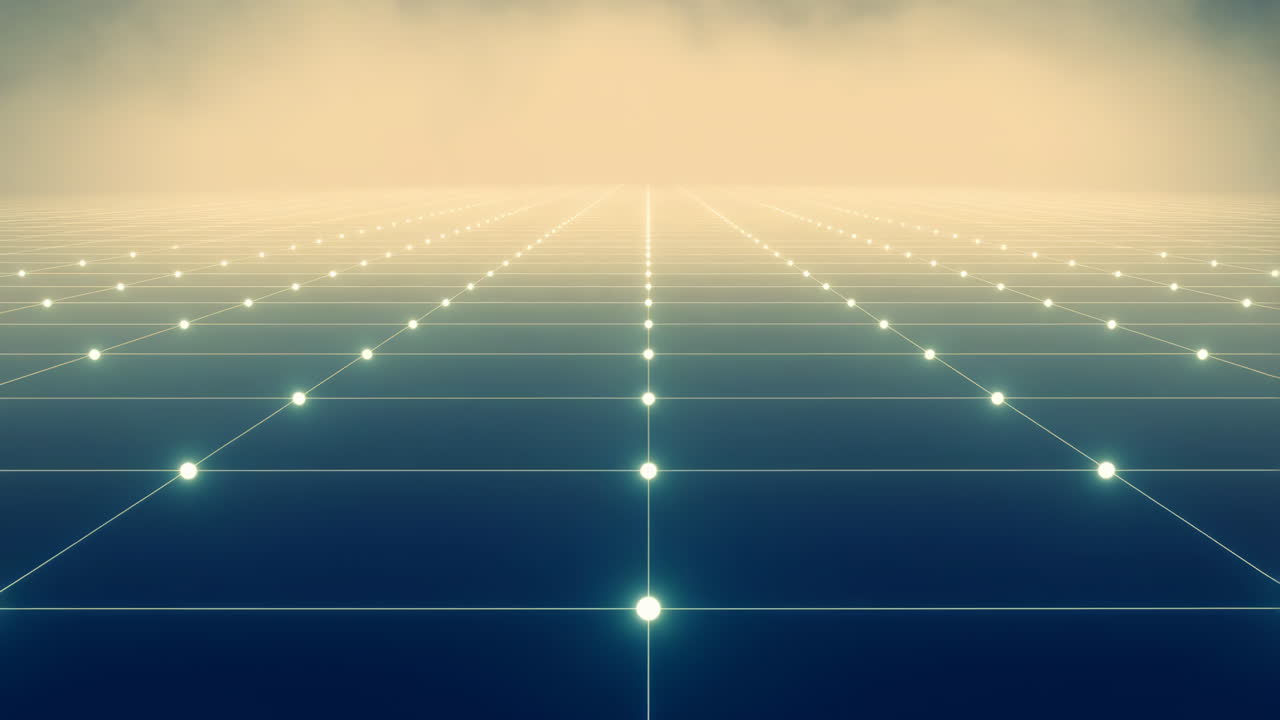 Glowing Grid Horizon With Misty Light, Endless Perspective Of Illuminated Nodes On Reflective Floor, Soft