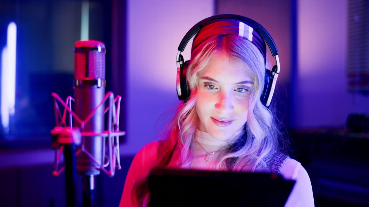 Woman Recording Audio in Studio