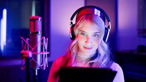 woman recording audio in studio