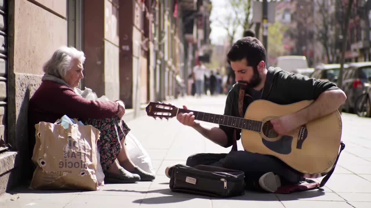 Un artista di strada si esibisce per un'anziana, catturando un momento di connessione e riflessione nel paesaggio urbano e nella vita quotidiana