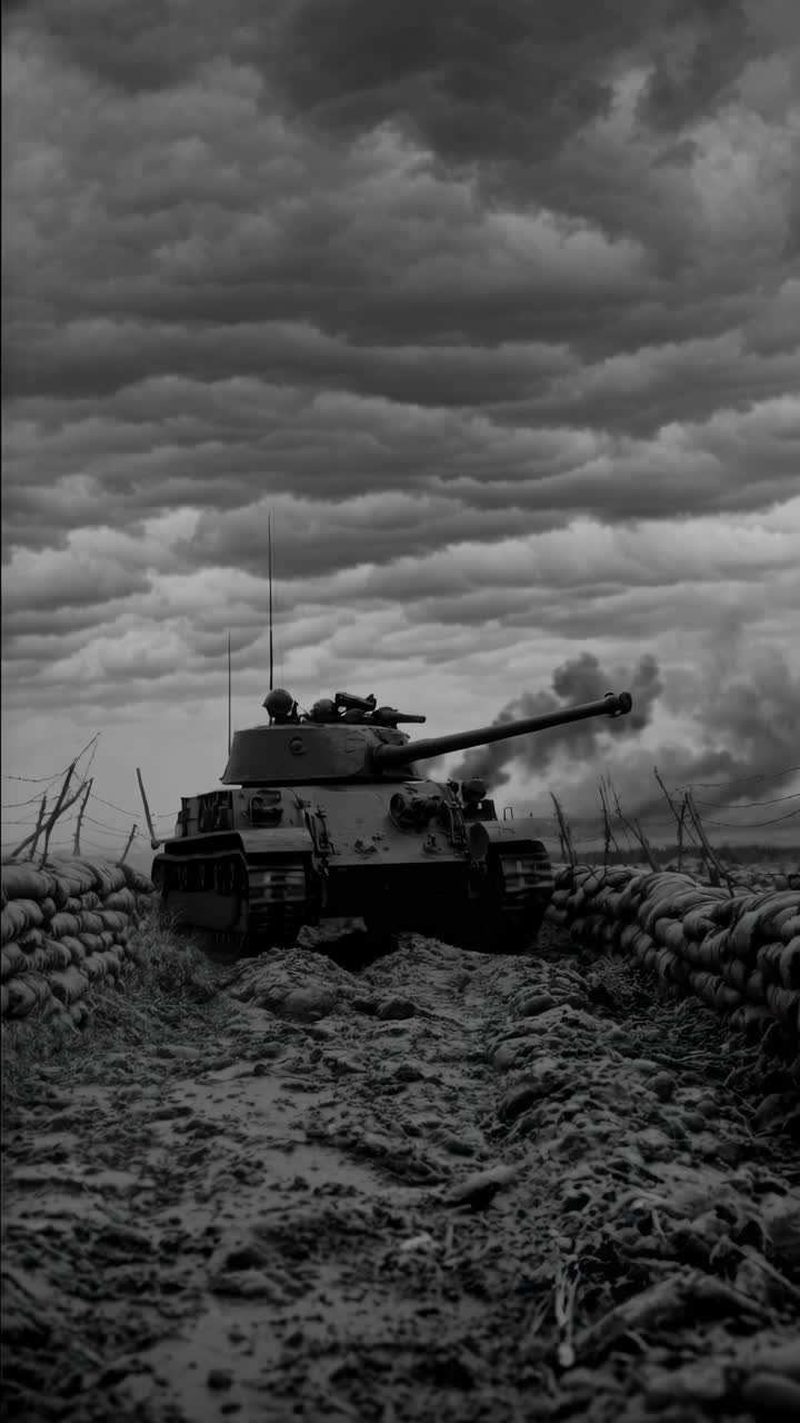 Dramatic black-and-white video still of a tank on a muddy battlefield, captured from a low angle