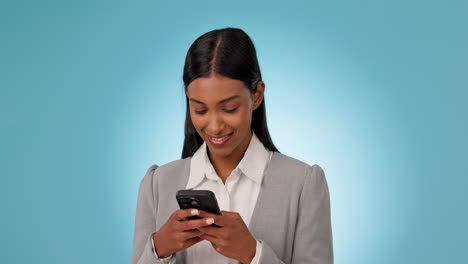 Business-woman,-phone-or-typing-in-studio