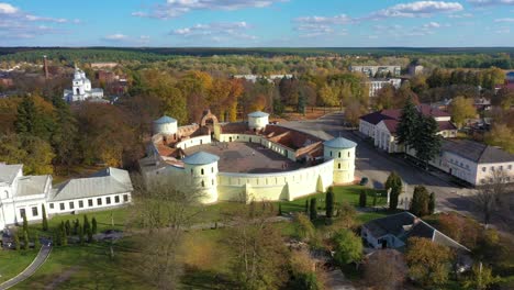 aerial view to round yard in trostyanets, ukraine