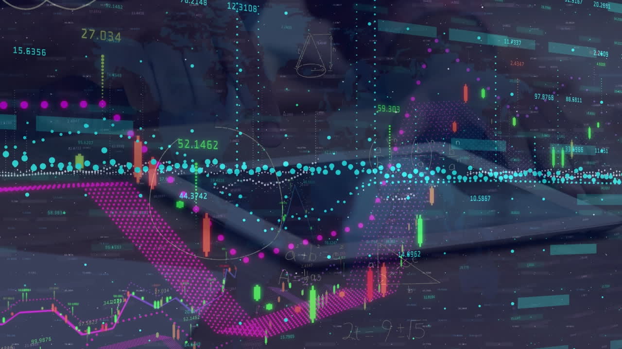 Animation of financial data and graphs over tablet lying on desk