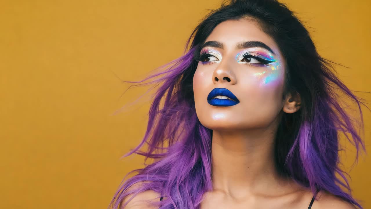 Ritratto di una bella donna con capelli viola e trucco colorato