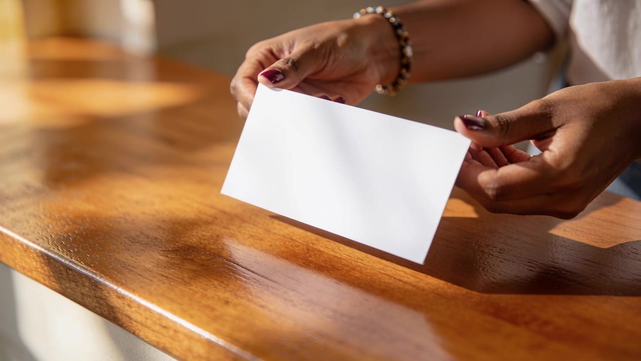 Mani femminili che entrano da destra tenendo una carta bianca rotante su una scrivania illuminata dal sole per mostrare un braccialetto, unghie rosse