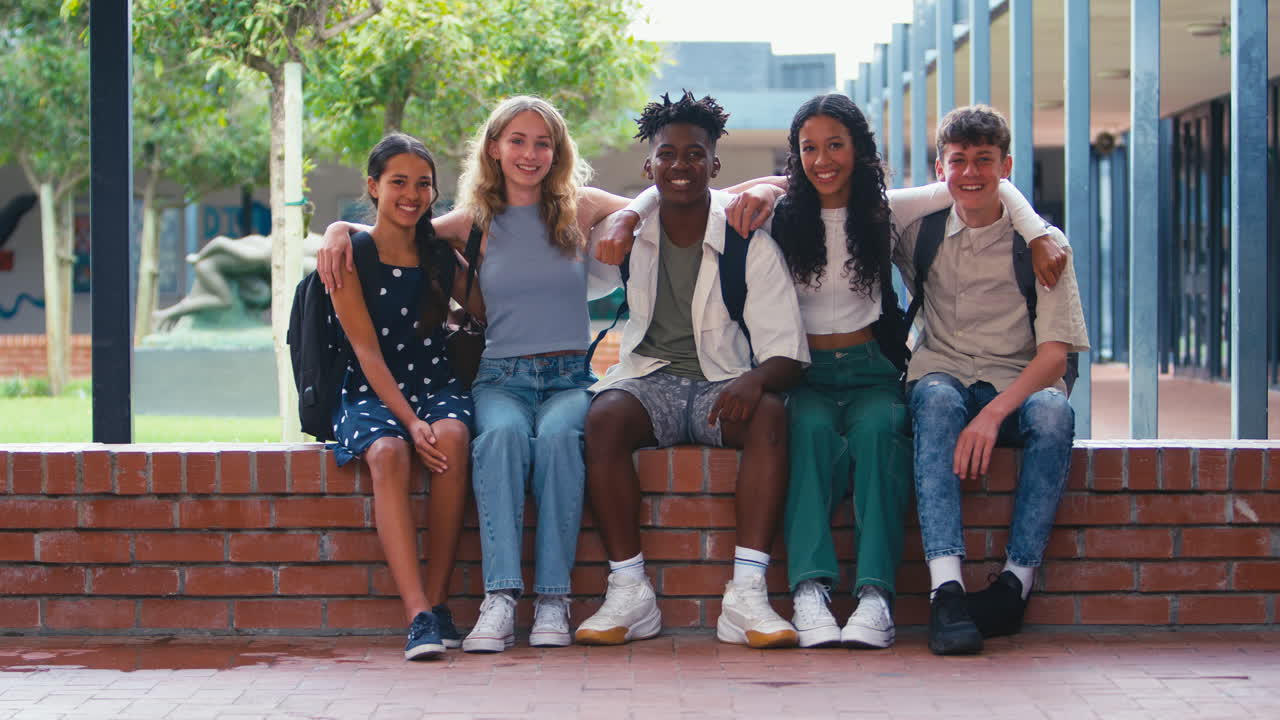 retrato de estudiantes de escuela secundaria o secundaria multiculturales sonrientes sentados en la pared al aire libre