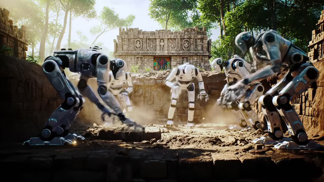 Four robots investigate ancient structures surrounded by dense greenery, uncovering remnants of a lost civilization in a bright, sunlit environment.