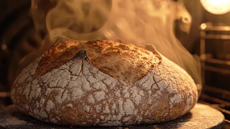 Freshly Baked Artisan Bread Emerging from the Oven with a Crisp Crust and Steaming Aroma, Perfectly Crafted for a Delightful Culinary Experience