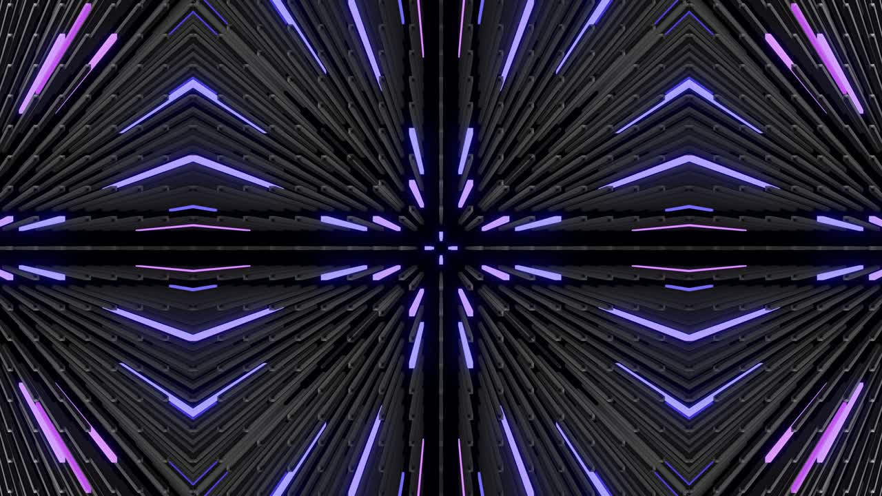 Abstract symmetrical composition, 3d elements light up like bulbs with multicolor neon light. Looped bg for show or events, exhibitions, festivals or concerts, music videos, DJ or VJ for night clubs.