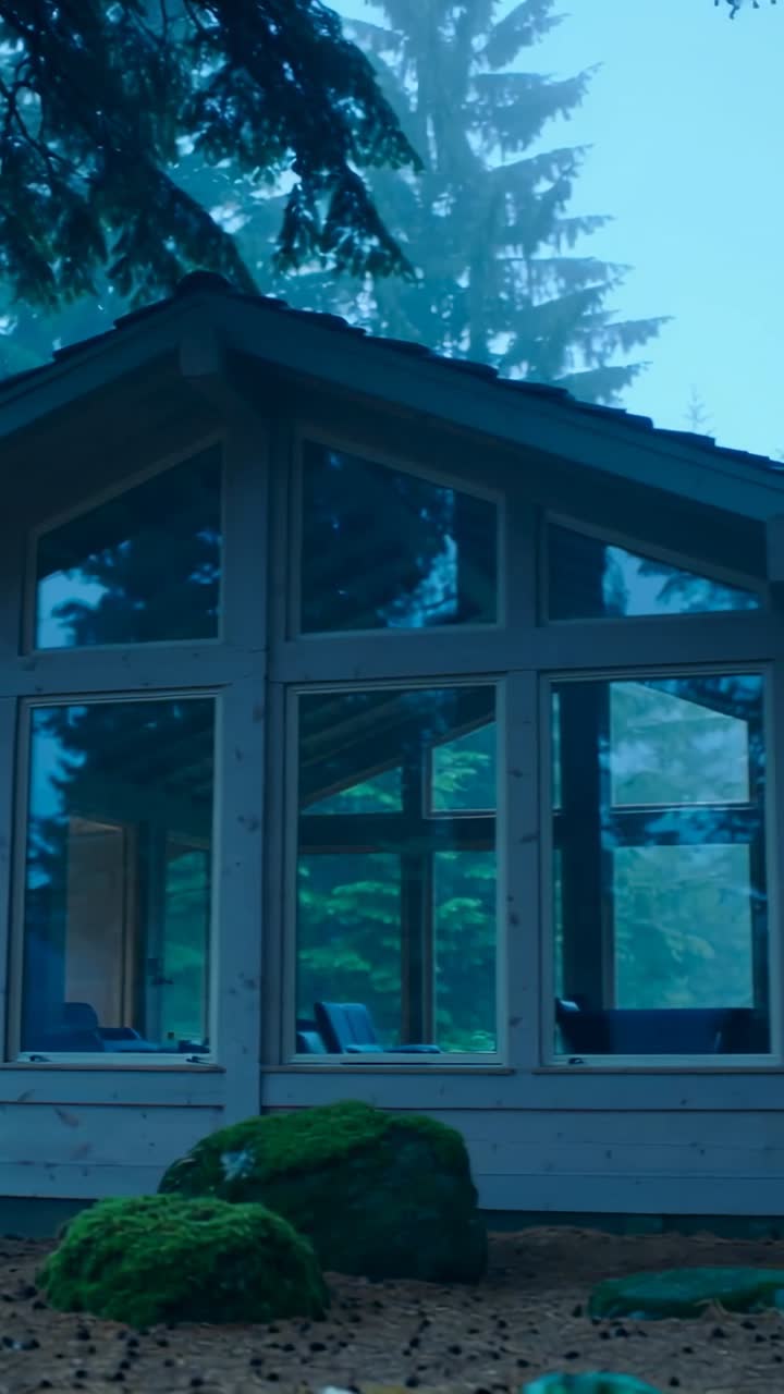 Video verticale: Telecamera che panoramica a destra, rivelando finestre di cabina, portico, rocce muschiose per architettura.