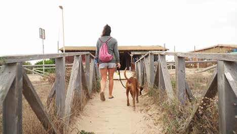 woman walking with boxer dog in rural path near beach, spain, europe