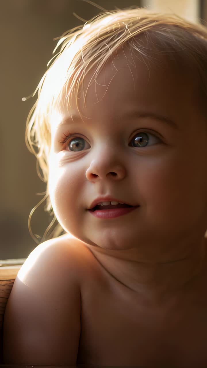 Vertical video: Shifting gaze bare shoulder infant turning head on wood sill, sunlight drawing gaze