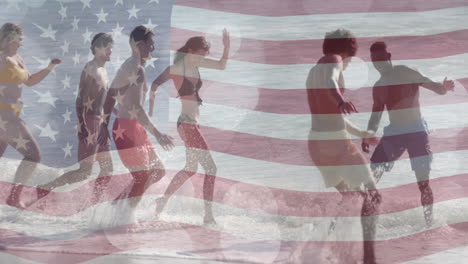 Animation-of-flag-of-usa-over-happy-diverse-friends-on-beach-in-summer