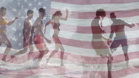 animation of flag of usa over happy diverse friends on beach in summer